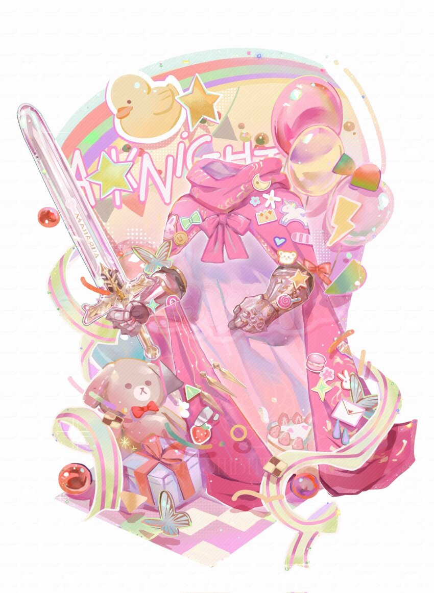 1boy a_knight_(reverse:1999) alternate_costume armor artist_request balloon bird box cake cape character_name commission duck food gauntlets gift gift_box highres holding holding_sword holding_weapon invisible lightning_bolt_symbol ornate_armor pink_cape reverse:1999 second-party_source solo star_sticker sticker strawberry_cake stuffed_animal stuffed_dog stuffed_toy sword weapon white_background