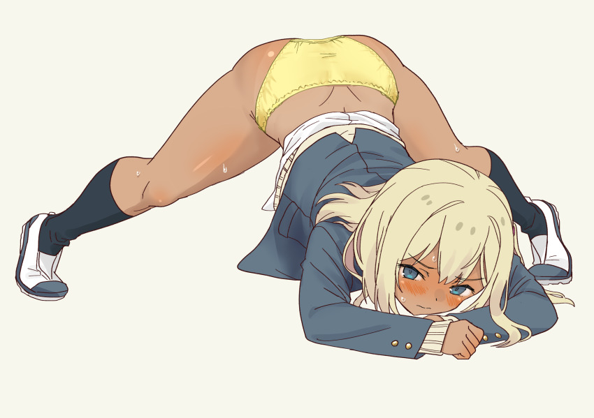 1girl ass blonde_hair blue_eyes blush cardigan commentary_request crotch_seam daipunch dark-skinned_female dark_skin embarrassed full_body galzaki-san_(daipunch) gyaru hands_on_ground highres jack-o&#039;_challenge kogal looking_at_viewer meme original panties school_uniform shoes simple_background socks solo spread_legs sweat tan thighs top-down_bottom-up underwear variant_set white_background wide_spread_legs yellow_panties