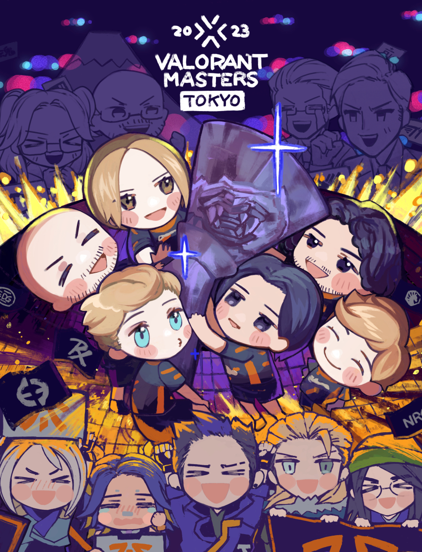 2023 4girls 6+boys ^_^ absurdres alfajer animification bald beard_stubble benkai_(gamer) black_eyes black_hair blonde_hair blue_hair blush boaster_(gamer) bren_(gamer) brown_eyes brown_hair chibi chronicle_(gamer) clenched_hand closed_eyes copyright_name derke_(gamer) esports facial_hair flag fnatic glasses goldenboy_(gamer) green_hat grey_hair hat highres jett_(valorant) kamyk_(gamer) kaquka killjoy_(valorant) leo_(gamer) mount_fuji multicolored_hair multiple_boys multiple_girls mustache_stubble nanana_(syoki0916) neon_(valorant) open_mouth parted_bangs real_life smile sova_(valorant) sparkle streaked_hair stubble trophy two_side_up valorant yoru_(valorant)