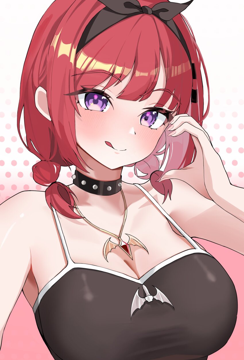 1girl :q absurdres bare_arms bare_shoulders black_choker black_shirt breasts charon_universe choker cleavage closed_mouth domodomo0708 hair_ribbon half-heart_hands hand_up hashtag-only_commentary highres jewelry karin_(charon_universe) large_breasts long_hair looking_at_viewer necklace purple_eyes red_hair ribbon shirt short_twintails sleeveless sleeveless_shirt smile solo spaghetti_strap strap_gap tongue tongue_out twintails two-tone_background upper_body virtual_youtuber white_background