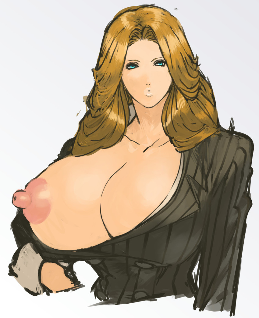1girl aqua_eyes bleach blonde_hair blue_eyes breasts curly_hair eyebrows eyelashes female_focus forehead highres huge_breasts huge_nipples lipstick looking_at_viewer makeup matsumoto_rangiku nameo_(judgemasterkou) neck nipples open_clothes orange_hair pectorals solo wavy_hair