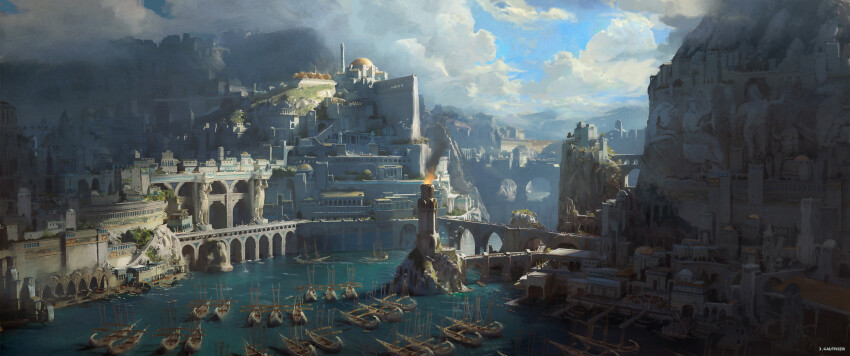 absurdres aqueduct boat bridge canyon city cliff cloud cloudy_sky dome fantasy fire highres mountain no_humans numenor official_art renart rings_of_power river scenery sky smoke tolkien&#039;s_legendarium trireme water watercraft waterfall watermark