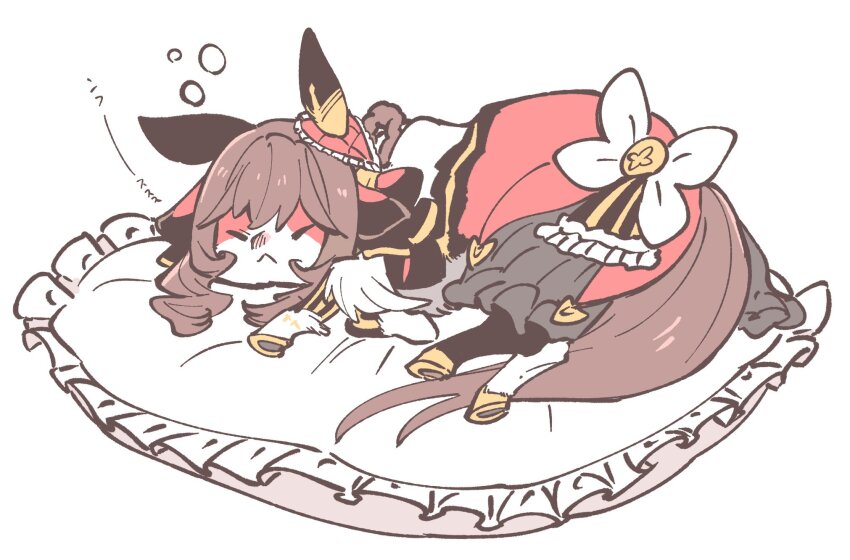 :&lt; animal_ears animalization braid braided_hair_rings closed_eyes commentary creature cushion ear_covers ear_ornament frills gentildonna_(umamusume) hair_rings highres hooves horse_ears horse_tail no_humans sidelocks simple_background sleeping tail takatsuki_nato umamusume white_background