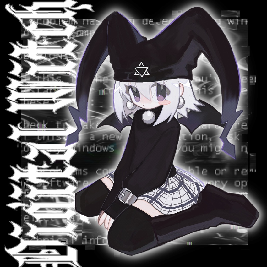1girl bat_wings belt belt_buckle between_legs black_background black_boots black_border black_hat black_sweater black_thighhighs blue_screen_of_death blush_stickers boots border buckle character_name commentary earrings eyes_visible_through_hair full_body grey_belt hand_between_legs hat hexagram highres jester_cap jewelry knee_boots long_sleeves looking_at_viewer mayura outline outside_border plaid_clothes plaid_skirt purple_eyes short_hair sitting skirt sleeves_past_wrists solo sweater symbol-only_commentary text_background thighhighs turtleneck turtleneck_sweater ukagaka wariza white_hair white_outline white_skirt wings wrist_belt yappari zettai_ryouiki