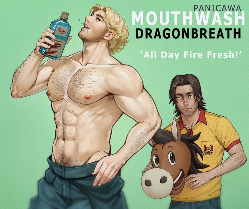 2boys abs adam&#039;s_apple adelheid_(moschiola) arm_hair armpit_hair artist_name bara beard blonde_hair blue_eyes bottle chest_hair commentary curly_(mouthwashing) english_commentary english_text facial_hair green_background highres holding holding_bottle jimmy_(mouthwashing) knuckle_hair large_pectorals male_focus mouthwash mouthwashing multiple_boys muscular muscular_male navel nipples pectorals polle_(mouthwashing) polo_shirt topless_male