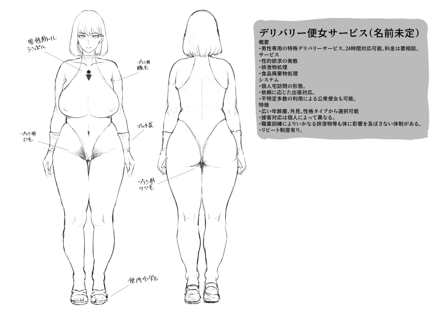 1girl absurdres breasts collarbone commentary_request curvy earrings female_pubic_hair from_behind full_body highres jewelry large_breasts multiple_views navel nipples no10_direct notes original pointing_out_the_details pubic_hair reference_sheet shoes simple_background standing turnaround