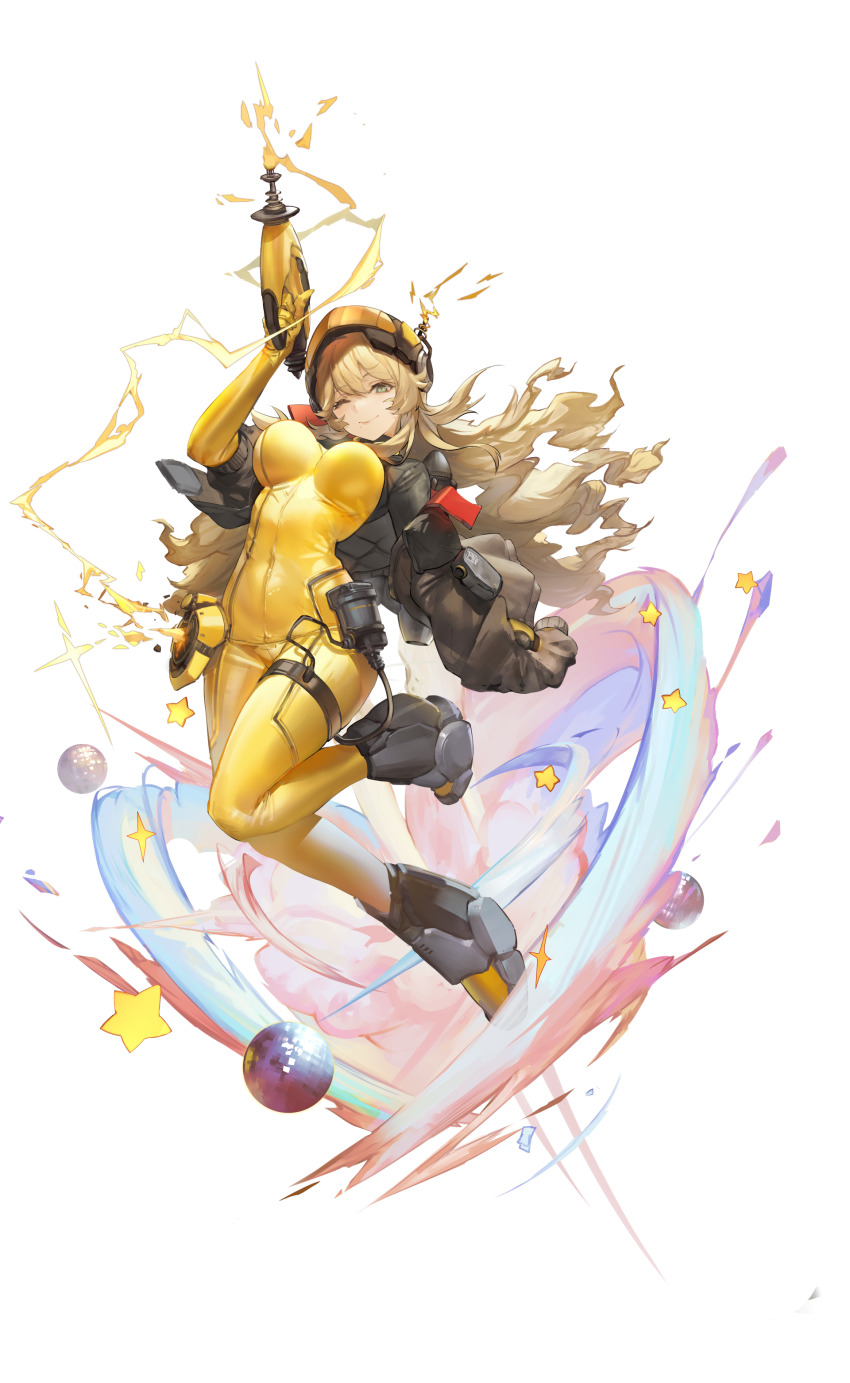 1girl ;) absurdres armored_boots blonde_hair blue_eyes bodysuit boots breasts brown_jacket closed_mouth disco_ball dust echoes_of_vision energy_gun floating_hair full_body gun hair_between_eyes helmet highres holding holding_gun holding_weapon jacket jumping large_breasts leg_up lightning long_hair looking_at_viewer mkiiiiii mole mole_under_mouth official_art one_eye_closed open_clothes open_jacket ray_gun smile solo sparkle star_(symbol) thunder_ranger_(echoes_of_vision) transparent_background very_long_hair weapon windforcelan yellow_bodysuit yellow_helmet