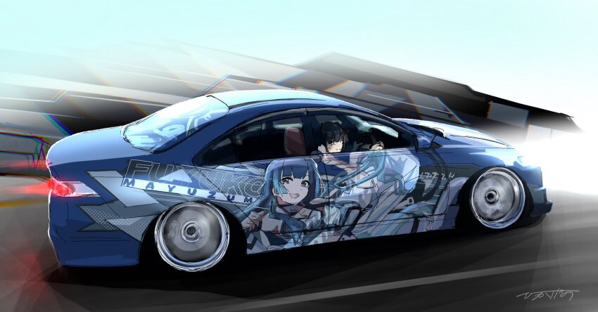1girl ^_^ black_hair blue_car car closed_eyes driving from_side glowing highres hikageno honda honda_accord idolmaster idolmaster_cinderella_girls itasha light_trail mayuzumi_fuyuko motion_blur signature smile solo stance_(vehicle) vehicle_focus