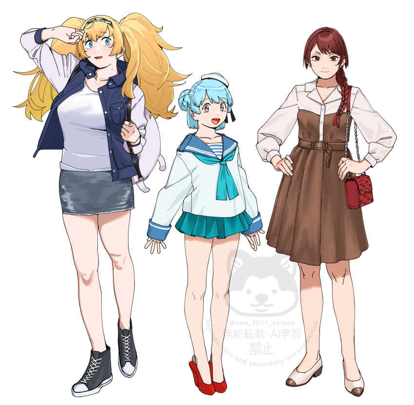 absurdres alternate_costume aqua_neckerchief aqua_skirt bag black_footwear blonde_hair blue_eyes blue_hair blue_sailor_collar blue_vest braid breasts brown_dress brown_eyes brown_hair dixie_cup_hat double_bun dress enemy_lifebuoy_(kancolle) full_body gambier_bay_(kancolle) gambier_bay_(saury_festival)_(kancolle) hair_bun hair_over_shoulder hairband handbag hands_on_own_hips hat highres kantai_collection long_hair military_hat multiple_girls neckerchief nevada_(jal)_(kancolle) nevada_(kancolle) ojipon open_mouth pleated_skirt red_eyes sailor_collar samuel_b._roberts_(kancolle) school_uniform serafuku shirt shoes short_hair simple_background single_braid skirt sleeve_cuffs smile sneakers standing sweat twintails vest watermark white_background white_hat white_shirt