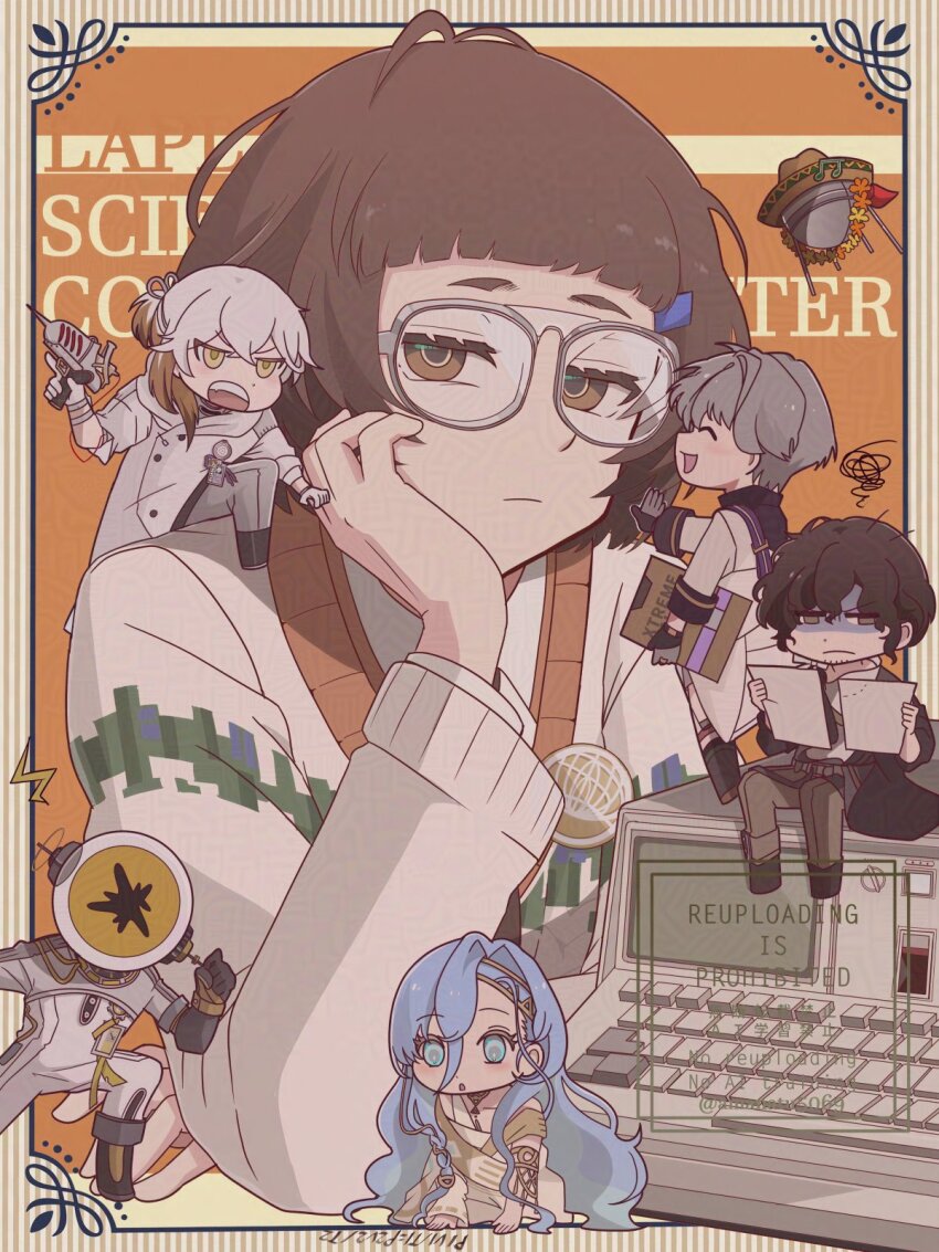 1other 2girls 37_(reverse:1999) 3boys :o adversarial_noise amanatsu_(amanatu5069) black_coat black_hair black_shoes blue_eyes blue_hair border brown_border brown_eyes brown_hair brown_hat clipboard closed_mouth coat colored_tips commentary_request enigma_(reverse:1999) facing_another ferrofluid fishbowl_helmet glasses gloves grey_gloves grey_hair grey_pants grey_sweater hair_between_eyes hand_on_own_cheek hand_on_own_face hat highres holding holding_clipboard holding_paper ibn5100 john_titor_(reverse:1999) jumpsuit long_hair looking_at_viewer looking_down medicine_pocket mini_person mini_person_on_shoulder miniboy minigirl multicolored_hair multiple_boys multiple_girls object_head official_alternate_costume orange_background outside_border pants paper reverse:1999 shaded_face shoes sitting sputnik_(reverse:1999) squiggle sweater ulrich_(reverse:1999) very_long_hair watermark white_coat white_gloves white_hair white_jumpsuit x_(reverse:1999) yellow_eyes