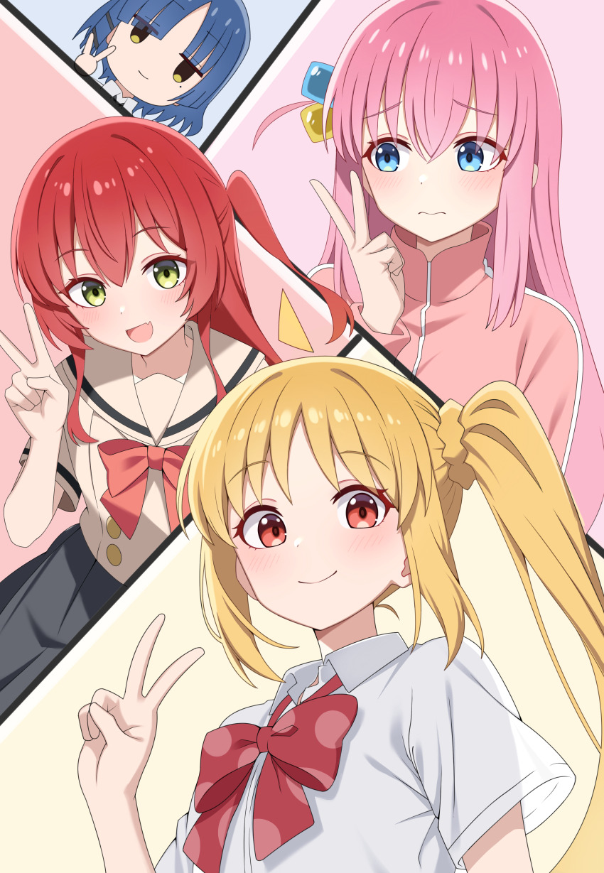 absurdres ahoge blonde_hair blue_eyes blue_hair blush bocchi_the_rock! bow bowtie brown_sailor_collar brown_shirt chinese_commentary closed_mouth collared_shirt commentary_request cube_hair_ornament detached_ahoge dress_shirt fang gotoh_hitori green_eyes grey_skirt hair_ornament hairclip highres ijichi_nijika jacket kenomotsu_yukuwa kessoku_band kita_ikuyo long_hair mole mole_under_eye one_side_up open_mouth pink_hair pink_jacket pleated_skirt polka_dot_bowtie red_bow red_bowtie red_eyes red_hair sailor_collar school_uniform serafuku shirt short_sleeves shuka_high_school_uniform side_ponytail skin_fang skirt v white_shirt yamada_ryo yellow_eyes