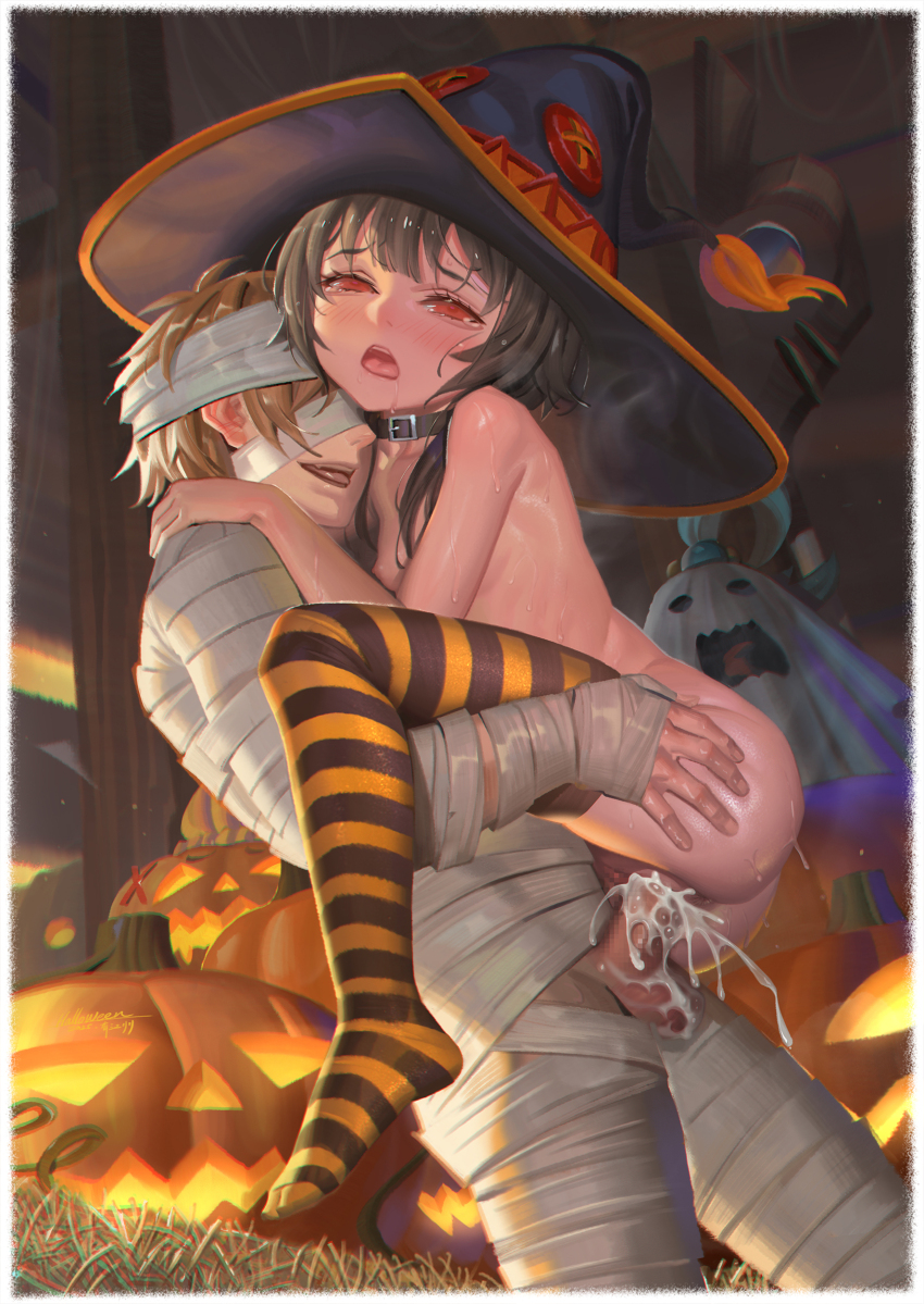 1boy 3girls absurdres alphonse_(white_datura) aqua_(konosuba) bandages black_hair black_hat black_thighhighs breasts censored cum cum_in_pussy cum_overflow darkness_(konosuba) halloween hat hetero highres jack-o&#039;-lantern kono_subarashii_sekai_ni_shukufuku_wo! loli medium_hair megumin mosaic_censoring multiple_girls mummy_costume nude open_mouth orange_thighhighs penis pumpkin pussy red_eyes satou_kazuma sex small_breasts striped_clothes striped_thighhighs suspended_congress thighhighs vaginal witch_hat