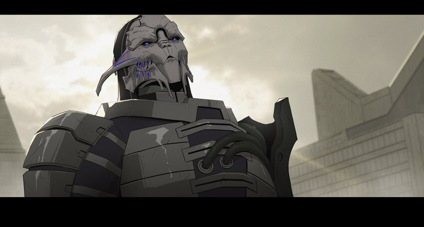 1boy aleksandra_skiba alien armor blue_eyes breastplate building closed_mouth cloud cloudy_sky commentary english_commentary highres letterboxed looking_ahead male_focus mass_effect_(series) mass_effect_1 pauldrons saren_arterius shoulder_armor sky solo turian upper_body