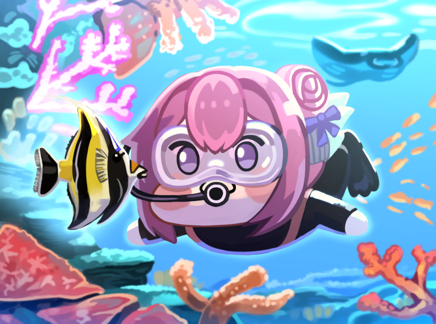 :3 black_wetsuit bodysuit creature diving_mask diving_regulator diving_suit doro_(nikke) flippers flower-shaped_hair goddess_of_victory:_nikke goggles hair_between_eyes hair_bun hair_intakes highres meme open_mouth oxygen_tank pink_hair purple_eyes scuba scuba_gear scuba_tank shiny_eyes smile vincentsu wetsuit
