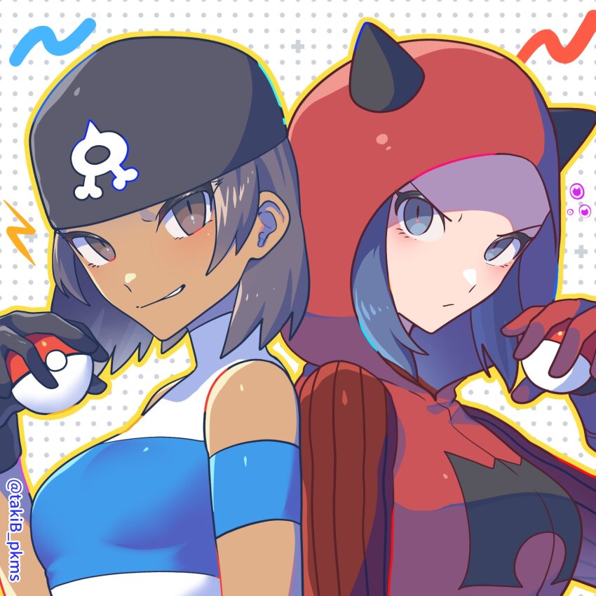 2girls armband bandana black_bandana black_gloves brown_eyes closed_mouth commentary_request dark-skinned_female dark_skin fake_horns gloves grey_eyes highres holding holding_poke_ball hood hood_up horns logo looking_to_the_side multiple_girls nintendo parted_lips poke_ball poke_ball_(basic) pokemon pokemon_oras shirt short_hair sleeveless sleeveless_shirt smile smirk striped_clothes striped_shirt takibpkms team_aqua team_aqua_grunt team_aqua_grunt_(female) team_magma team_magma_grunt team_magma_uniform upper_body