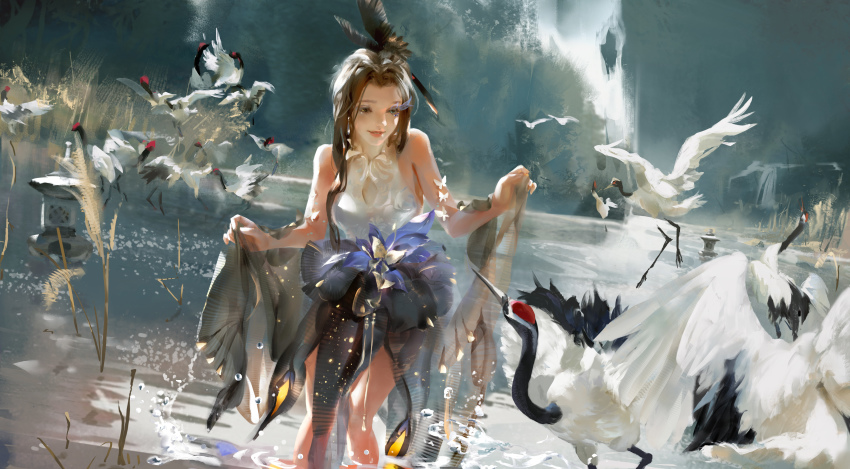 1girl absurdres bare_arms bird black_skirt brown_hair character_request ching_nu_yu_hun clothes_lift commentary dutch_angle english_commentary highres long_hair outdoors parted_lips shirt skirt skirt_hold skirt_lift sleeveless sleeveless_shirt solo swan wading water water_drop white_shirt xiye