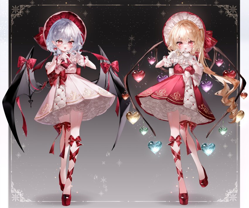 2girls :d absurdres adapted_costume black_background blonde_hair blush bonnet commentary crystal dress drill_hair fang flandre_scarlet full_body gloves gradient_background grey_background heart heart_hands highres leg_ribbon long_hair looking_at_viewer multiple_girls one_side_up open_mouth petticoat red_bonnet red_dress red_eyes red_ribbon red_shoes remilia_scarlet ribbon shoes siblings sisters smile standing standing_on_one_leg touhou very_long_hair white_gloves wings yukia_(yukia_777)