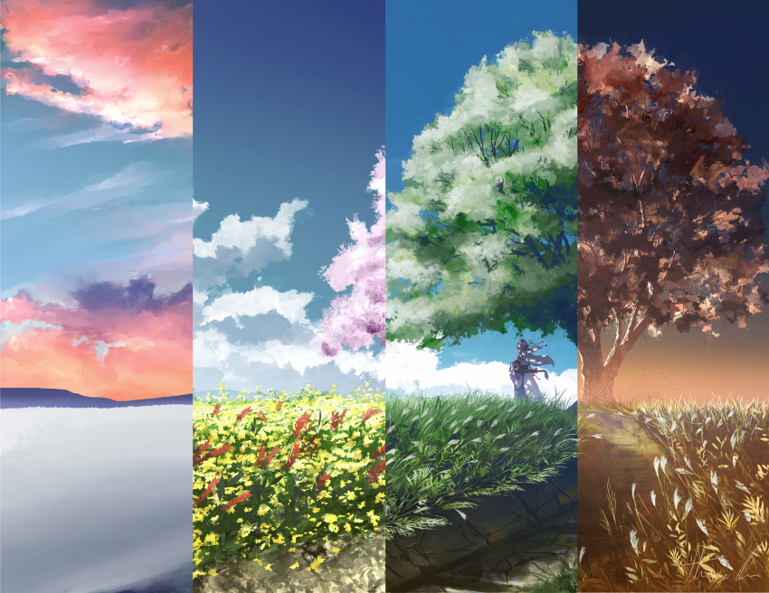 1girl absurdres alternate_hairstyle animal_ears autumn autumn_leaves black_skirt blue_sky cherry_blossoms cherry_tree cloud cloudy_sky column_lineup commentary day detached_sleeves facing_away field floating_hair flower flower_field from_behind full_body grass hat highres inubashiri_momiji landscape large_variant_set leaf light_particles long_hair long_skirt nature orange_clouds oubachiago outdoors path procreate_(medium) red_ribbon red_trim ribbon road scabbard scenery seasons sheath sheathed shirt signature skirt sky sleeveless sleeveless_shirt solo spring_(season) summer sword sword_on_back sword_tassel symbol-only_commentary tail tokin_hat touhou variant_set very_wide_shot weapon weapon_on_back white_hair white_shirt white_tail wide_sleeves winter wolf_ears wolf_girl wolf_tail