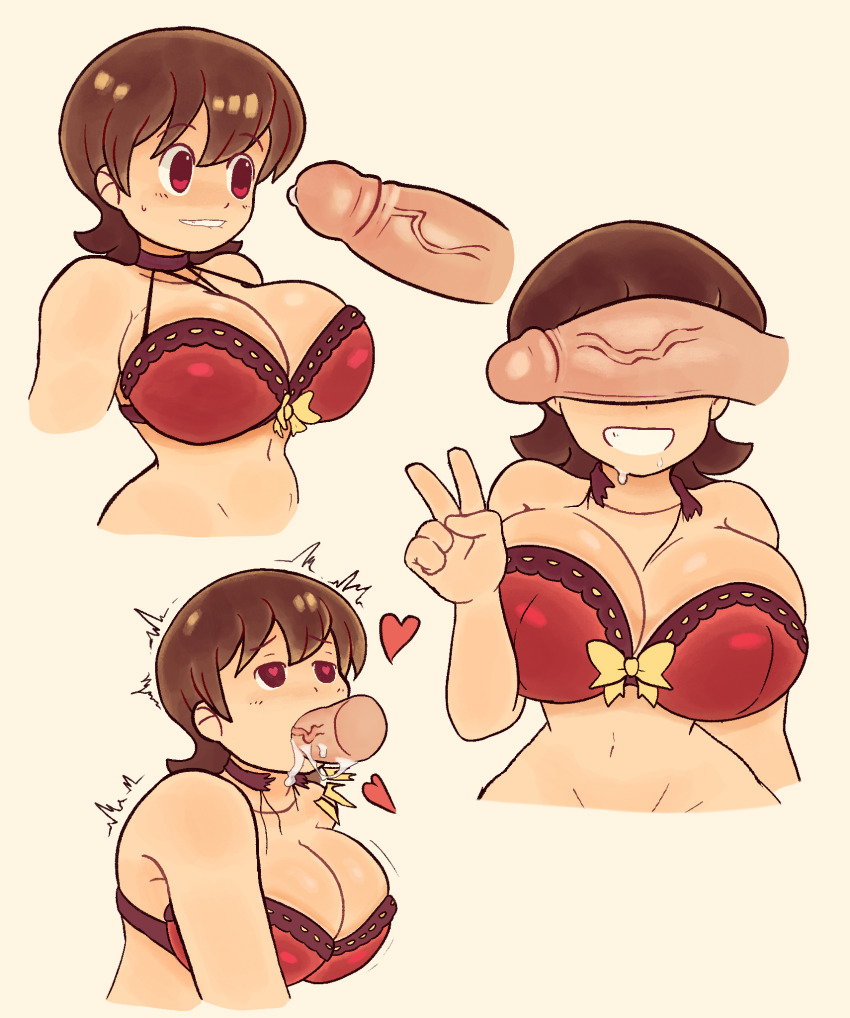 1girl aioi_yuuko bow bra breasts brown_hair choker cleavage cropped_torso cum cum_in_mouth disembodied_penis dozo_gon fellatio from_side hand_up heart heart-shaped_pupils hetero highres large_breasts multiple_views navel nichijou oral penis penis_on_face penis_over_eyes purple_choker purple_eyes red_bra short_hair simple_background symbol-shaped_pupils teeth underwear v veins veiny_penis yellow_background yellow_bow