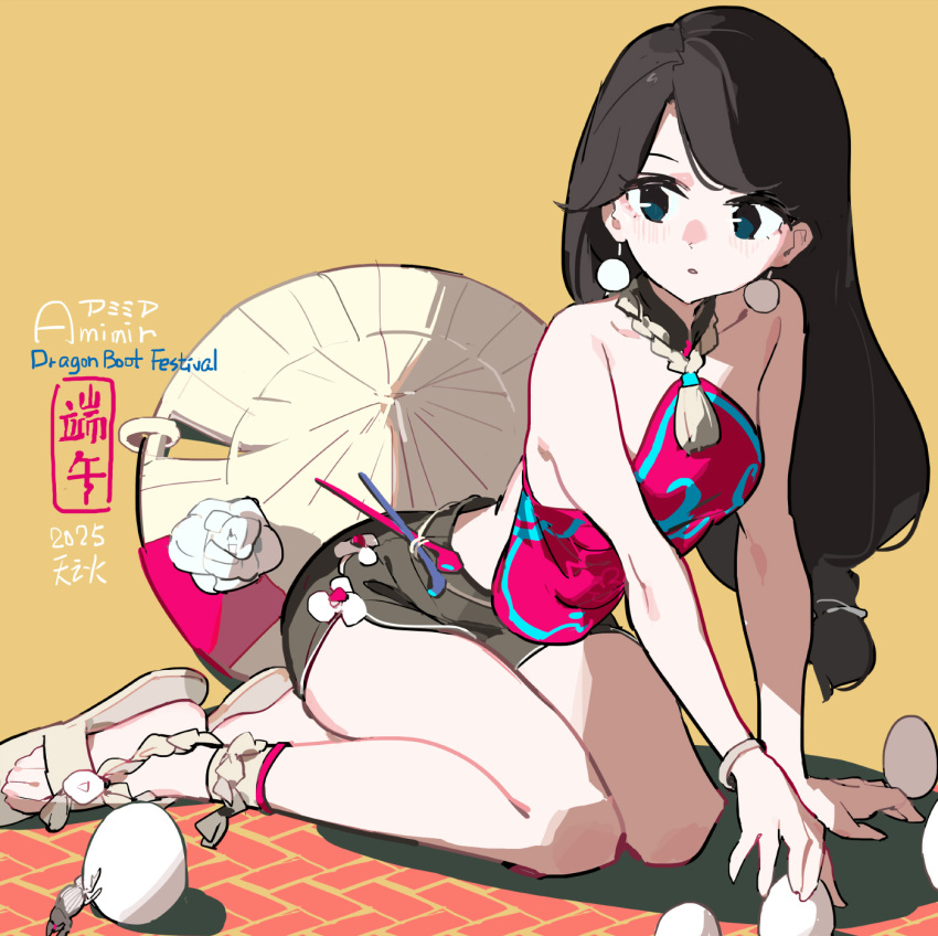 1girl ajirogasa bare_shoulders black_hair black_shorts breasts commentary_request dated earrings egg english_text full_body green_eyes hat highres jewelry long_hair looking_to_the_side low-tied_long_hair original pink_shirt sandals seiza shirt shorts signature simple_background sitting sleeveless sleeveless_shirt small_breasts solo tennohi unworn_hat unworn_headwear wristband yellow_background