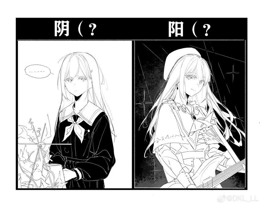 1girl absurdres ascot bang_dream! bang_dream!_it&#039;s_mygo!!!!! beret capelet chinese_commentary closed_mouth commentary_request dkl_(dinosaurkl2) electric_guitar greyscale guitar hair_ornament hairclip hat highres instrument long_hair long_sleeves monochrome mortis_(bang_dream!) mortis_(costume)_(bang_dream!) neckerchief school_uniform tsukinomori_school_uniform wakaba_mutsumi