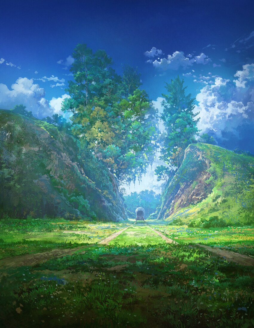 blue_sky cloud cloudy_sky commentary covered_wagon cyclecircle day english_commentary grass highres hill no_humans original outdoors scenery skid_mark sky tree vanishing_point