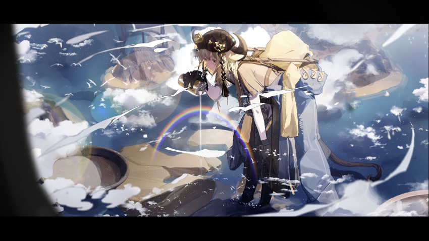 1girl absurdres animal_ears arknights bag bent_over black_gloves black_pants brown_hair brown_hat brown_shirt can closed_mouth cloud day flower gloves green_eyes hand_on_own_knee harness hat hat_flower highres holding holding_can horns lens_flare letter loftcat long_hair outdoors pallas_(a_drip_of_orea_and_potamous)_(arknights) pallas_(arknights) pants pouring rainbow rock shadow shirt short_sleeves solo wading water