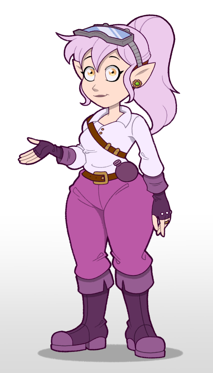 1girl absurdres amity_blight belt boots closed_mouth disney ear_piercing fingerless_gloves full_body gloves highres jewelry looking_at_viewer nose pants piercing pointy_ears ponytail purple_boots purple_gloves purple_hair purple_pants raised_eyebrows ring shadow smile solo standing the_owl_house thick_thighs thighs tonyneely wedding_ring white_background wide_hips yellow_eyes