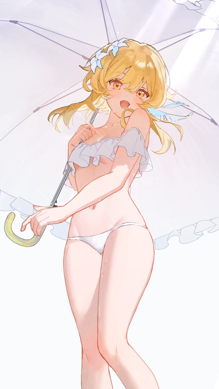 1girl absurdres alternate_costume bare_shoulders bikini blonde_hair breasts commentary_request feet_out_of_frame genshin_impact highres holding holding_umbrella kuqfh long_hair looking_at_viewer lumine_(genshin_impact) navel off-shoulder_bikini off_shoulder small_breasts solo standing stomach swimsuit thighs umbrella underboob white_bikini yellow_eyes