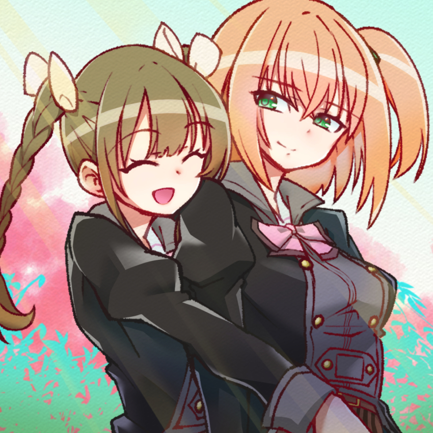 2girls :d ^_^ amamiya_sophia_seren aqua_background assault_lily belt belt_buckle black_jacket bow bowtie braid breasts brown_belt brown_hair buckle buttons closed_eyes colorful_background commentary crossed_bangs digamma floral_background gradient_background green_background green_eyes hair_between_eyes hair_ribbon head_on_another&#039;s_shoulder highres hug hug_from_behind jacket juliet_sleeves kishimoto_lucia_raimu long_hair long_sleeves looking_at_another looking_to_the_side ludvico_private_girls&#039;_academy_school_uniform medium_breasts medium_hair multiple_girls one_side_up open_mouth orange_hair pink_background pink_bow pink_bowtie puffy_sleeves ribbon school_uniform sideways_glance smile standing twin_braids twintails upper_body white_background white_ribbon yuri