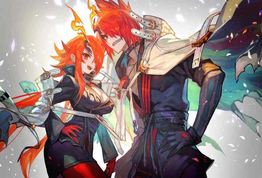 1boy 1girl choker cloak gloves killizerk lack maglam_lord red_eyes red_hair skirt