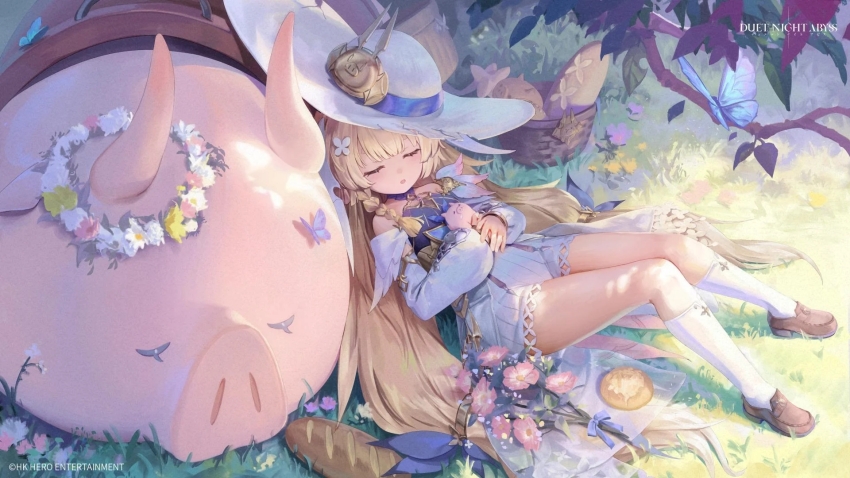 1girl blonde_hair blush closed_eyes day dress duet_night_abyss full_body highres pig sleeping tuffle_and_filbert_(duet_night_abyss)