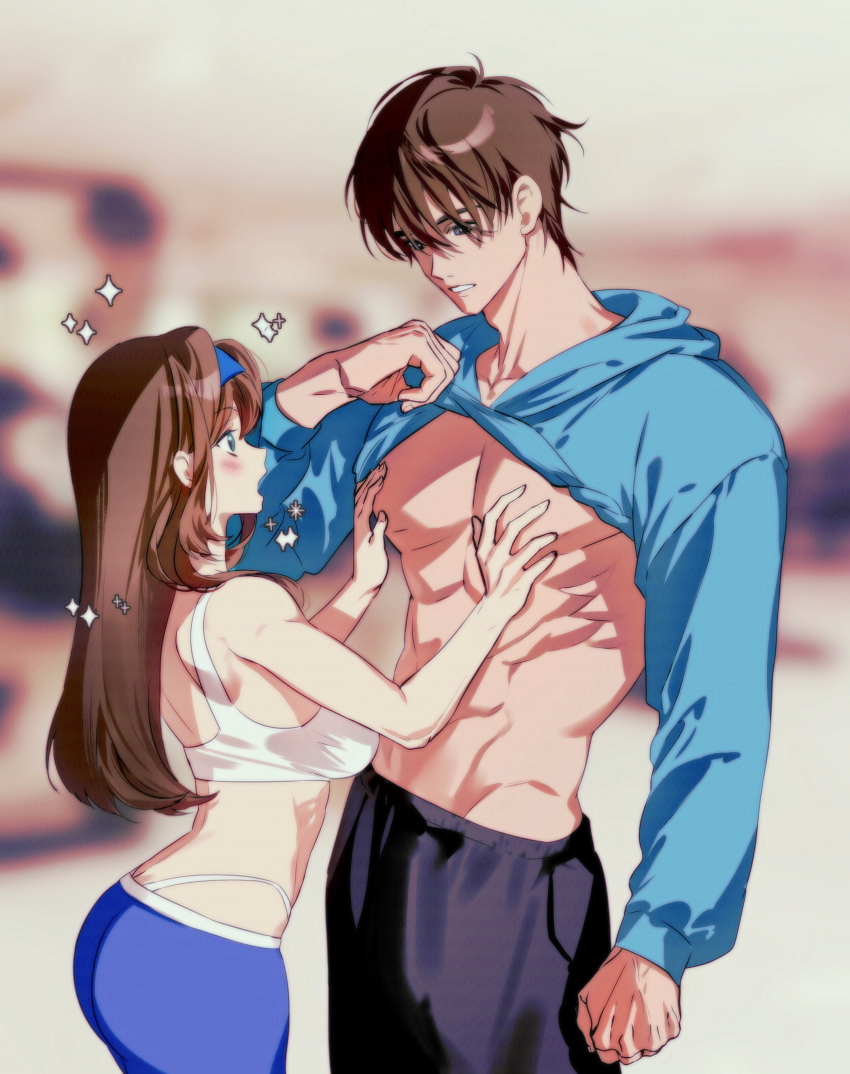 1boy 1girl absurdres black_pants blue_eyes blue_hoodie blue_pants breasts brown_eyes cleavage clothes_lift commander_(nikke) crop_top cropped_legs goddess_of_victory:_nikke grey_eyes hand_on_another&#039;s_chest highres hood hood_down hoodie hoodie_lift laejjo large_breasts lifting_own_clothes long_hair muscular muscular_male open_mouth pants rumani_(nikke) shirt short_hair sparkle standing white_shirt yoga_pants
