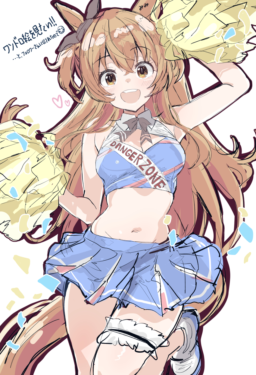 1girl :d animal_ears bow breasts brown_eyes brown_hair cheerleader cleavage ear_ribbon highres holding holding_pom_poms horse_ears horse_girl horse_tail kannagiray long_hair looking_at_viewer mayano_top_gun_(umamusume) medium_breasts midriff navel open_mouth pom_pom_(cheerleading) pom_poms smile solo tail teeth umamusume upper_teeth_only