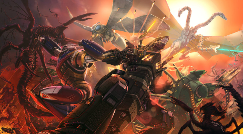 alien battle car conjoined dated destoroyah epic flying godzilla godzilla_(series) highres jet_jaguar kaiju king_ghidorah larry_quach mecha mechagodzilla military moguera monster mothra motor_vehicle realistic redesign robot rocket_launcher science_fiction weapon
