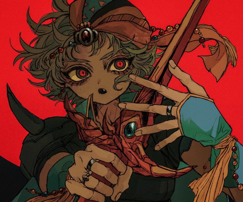 1boy aqua_headscarf armor beads curly_hair eyelashes fang final_fantasy final_fantasy_ii firion floating_hair grey_hair headscarf highres holding holding_sword holding_weapon jewelry looking_at_object male_focus multicolored_headscarf nayo_(kr_000515) open_mouth orange_headscarf pauldrons portrait red_eyes ring shoulder_armor solo spiked_pauldrons sword weapon