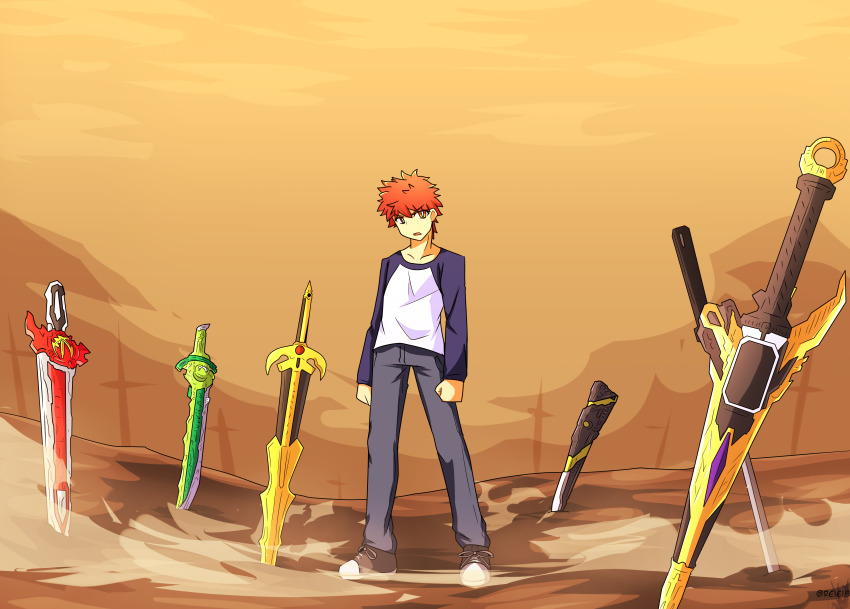 1boy absurdres attache_calibur crossover emiya_shirou fate/stay_night fate_(series) field_of_blades fuusouken_hayate gate_of_babylon_(fate) highres kaenken_rekka kamen_rider kamen_rider_01_(series) kamen_rider_ryuki_(series) kamen_rider_saber_(series) multiple_weapons orange_hair planted planted_sword planted_weapon raglan_sleeves reiei_8 ride_saber shirt sword sword_vent thousand_jacker titan_sword too_many_weapons unlimited_blade_works_(reality_marble) weapon white_shirt yellow_eyes