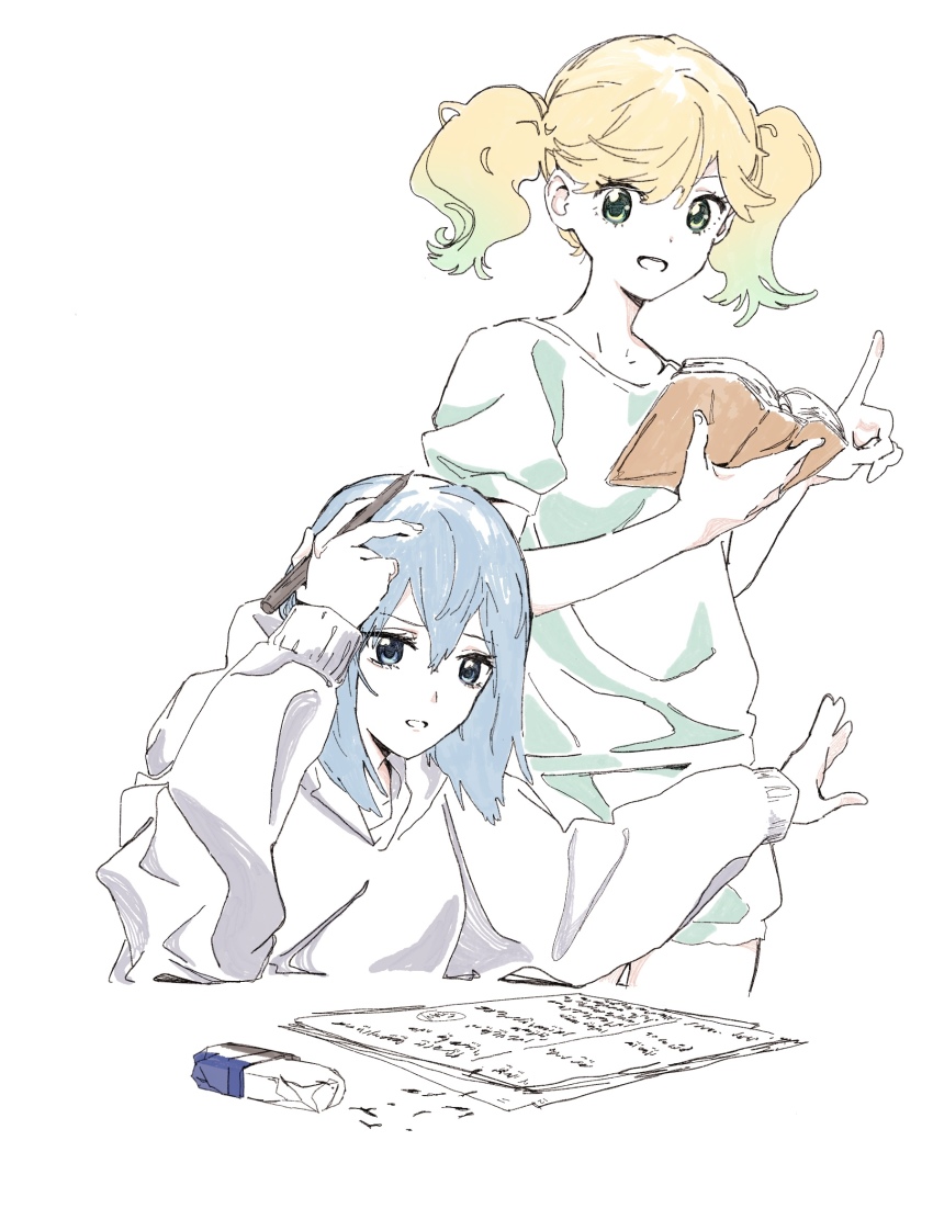 2girls :d blonde_hair bloom_into_me15 blue_eyes blue_hair book cropped_legs cropped_torso eraser gradient_hair green_eyes green_hair green_pajamas grey_hoodie hair_between_eyes hand_on_own_head highres holding holding_book holding_pencil hood hoodie index_finger_raised kageki_shoujo!! long_hair long_sleeves multicolored_hair multiple_girls narata_ai open_mouth pajamas paper partially_colored pencil short_sleeves shorts simple_background sketch smile tired twintails watanabe_sarasa white_background