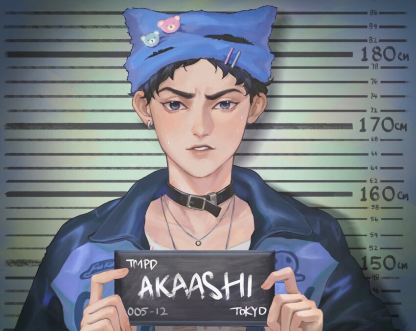 1boy akaashi_keiji animal_hat barbie_mugshot_(meme) beanie black_collar black_hair blue_eyes blue_hat blue_jacket character_name collar collared_jacket commentary earrings english_commentary gankedbyshipdom haikyuu!! hands_up hat height_chart highres holding jacket jewelry looking_at_viewer male_focus meme mugshot necklace parted_lips procreate_(medium) short_hair single_earring solo sweat upper_body very_short_hair