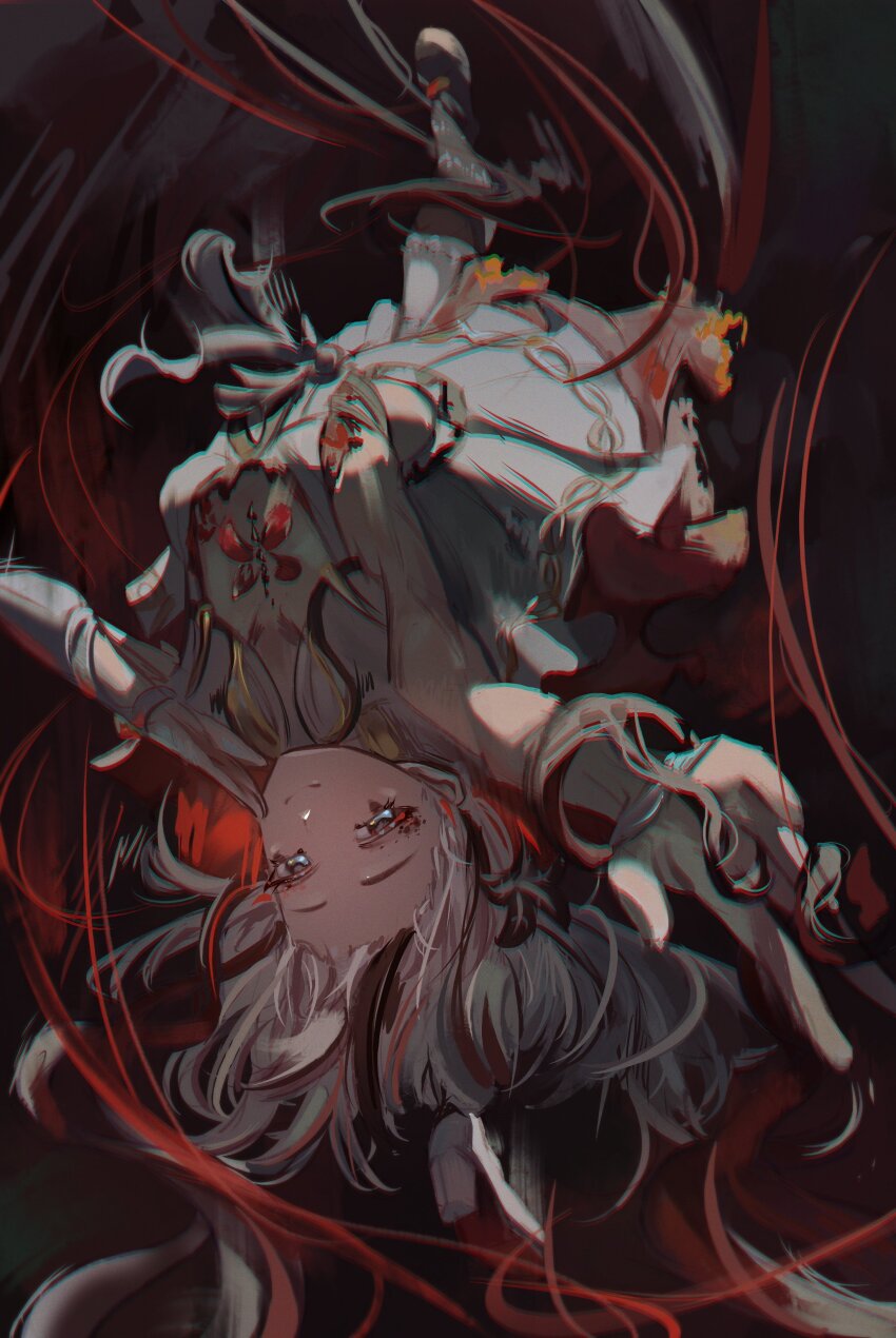 1girl absurdres black_eyes black_flower blake_bloom_(wuthering_waves) breasts camellya_(wuthering_waves) chromatic_aberration cleavage closed_mouth collar collarbone commentary dress flower hair_flower hair_ornament heavy_chromatic_aberration highres looking_at_viewer medium_breasts smile solo tacet_mark_(wuthering_waves) waffle_404 white_collar white_dress white_hair wuthering_waves