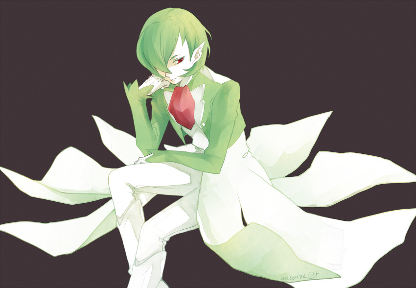 1boy ancorae androgynous arm_on_own_leg arm_on_thigh arm_rest ascot boots brown_background clenched_hand coat coattails elbow_on_leg elbow_on_thigh facing_to_the_side gardevoir gen_3_pokemon green_coat green_hair hair_over_one_eye hand_on_own_cheek hand_on_own_chin hand_on_own_face hand_rest head_rest highres humanization invisible_chair knee_boots looking_to_the_side male_focus nintendo one_eye_covered open_clothes open_coat pants pointy_ears pokemon red_ascot red_eyes sitting vest waistcoat white_boots white_coat white_pants