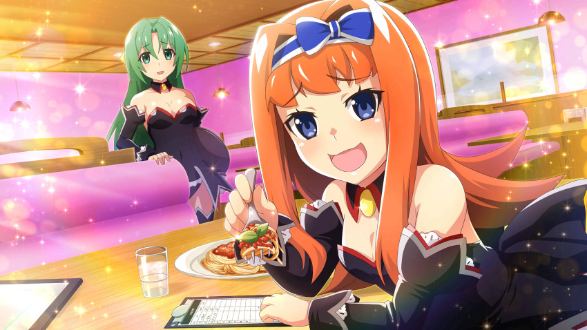 2girls :d angel_mort arm_on_table black_leotard black_sleeves black_thighhighs blue_bow blue_eyes blue_hairband bow bow_hairband breasts cleavage clipboard cowboy_shot cup detached_collar detached_sleeves drinking_glass dutch_angle flipped_hair food fork game_cg green_eyes green_hair hair_bow hair_intakes hairband highres higurashi_no_naku_koro_ni higurashi_no_naku_koro_ni_mei holding holding_fork holding_tray houtani_nao incoming_food indoors lens_flare leotard long_hair looking_at_viewer multiple_girls non-web_source official_art open_mouth orange_hair pasta plate reaching reaching_towards_viewer restaurant showgirl_skirt smile sonozaki_shion spaghetti sparkle standing strapless strapless_leotard table thighhighs tray tumbler_glass waitress