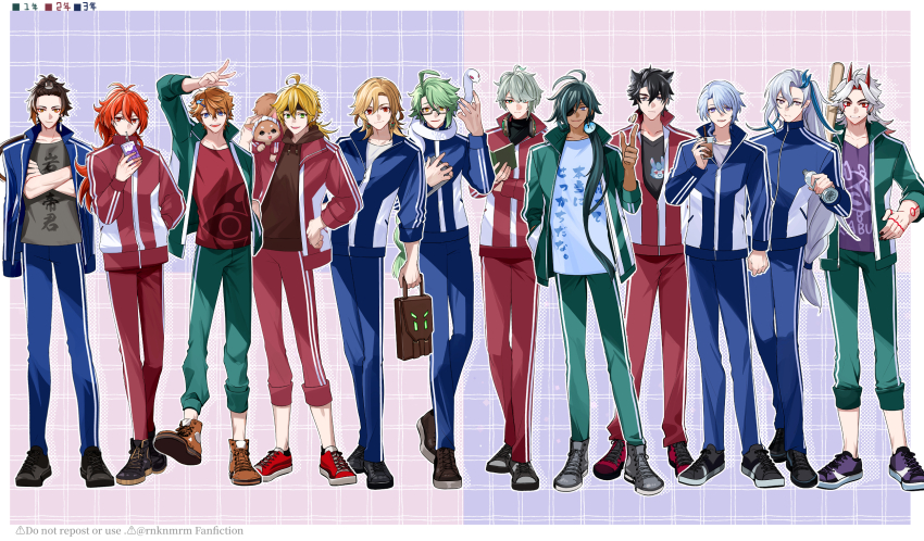 6+boys :d alhaitham_(genshin_impact) antenna_hair arataki_itto arm_up artist_name asymmetrical_bangs bag baizhu_(genshin_impact) bangs_pinned_back baseball_bat black_footwear black_hair black_headband black_nails black_shirt blonde_hair blue_eyes blue_hair blue_jacket blue_pants bodypaint book boots border bottle brown_bag brown_eyes brown_footwear brown_hair brown_hoodie bubble_tea changsheng_(genshin_impact) clipboard closed_mouth clothes_writing coin collarbone collared_jacket colored_inner_hair commentary_request crossed_arms crossed_bangs cup dark-skinned_male dark_skin diluc_(genshin_impact) disposable_cup dog dog_on_shoulder drawstring drinking_straw drinking_straw_in_mouth ear_piercing earrings expressionless eyeliner eyepatch eyewear_strap facepaint fingernails floating_earrings forehead genshin_impact glasses gradient_hair green_eyes green_hair green_jacket green_pants grey_footwear grey_hair grey_shirt grid_background grin hair_ornament hair_over_shoulder hairclip hand_in_pocket hand_up headband headphones headphones_around_neck highres hiki_yuichi holding holding_bag holding_baseball_bat holding_book holding_bottle holding_clipboard holding_cup hood hood_down hoodie horns jacket jacket_on_shoulders jewelry juice_box kaeya_(genshin_impact) kamisato_ayato kaveh_(genshin_impact) long_hair long_sleeves looking_at_viewer low-tied_long_hair low_ponytail makeup male_focus melusine_(genshin_impact) multicolored_hair multicolored_jacket multiple_boys neuvillette_(genshin_impact) one_eye_covered open_clothes open_jacket open_mouth orange_hair outline outside_border pants pants_rolled_up parted_bangs piercing pink_background pointy_ears ponytail purple_background purple_eyes purple_footwear purple_shirt red_eyeliner red_eyes red_footwear red_hair red_horns red_jacket red_pants red_shirt semi-rimless_eyewear shiba_inu shirt shoes short_hair sidelocks simple_background single_earring sleeves_rolled_up slime_(genshin_impact) smile smirk snake sneakers standing streaked_hair stud_earrings swept_bangs taroumaru_(genshin_impact) tartaglia_(genshin_impact) tassel tassel_earrings teeth thoma_(genshin_impact) track_jacket track_pants track_suit turtleneck twitter_username two-tone_jacket under-rim_eyewear upper_teeth_only v-neck v-shaped_eyebrows very_long_hair w water_bottle watermark white_border white_hair white_jacket white_outline white_shirt wriothesley_(genshin_impact) yellow_eyes zhongli_(genshin_impact) zipper zipper_pull_tab