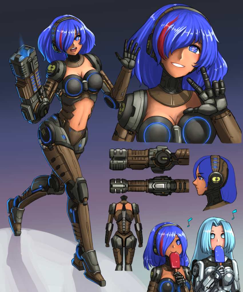 2girls :d arm_cannon blue_eyes blue_hair breasts bright_pupils cleavage commentary cyborg dark-skinned_female dark_skin doom_(series) energy_gun english_commentary food gradient_background grin hair_intakes hair_over_one_eye headphones highres large_breasts light_blue_hair long_hair looking_at_viewer mecha_musume mechanical_arms mechanical_legs multicolored_hair multiple_girls multiple_views musical_note one_eye_covered open_mouth personification plasma_rifle popsicle red_hair simple_background smile streaked_hair substance20 two-tone_hair w waving weapon