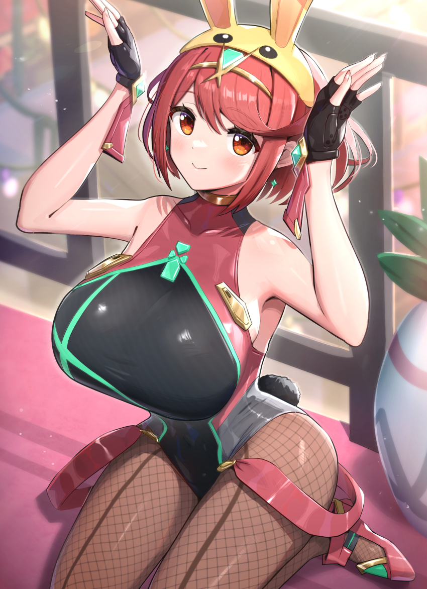1girl absurdres bare_shoulders black_one-piece_swimsuit breasts bunny_hood_(zelda) chest_jewel fingerless_gloves fishnet_pantyhose fishnets gloves gonzarez highres large_breasts one-piece_swimsuit pantyhose pyra_(pro_swimmer)_(xenoblade) pyra_(xenoblade) red_eyes red_hair solo swimsuit tiara xenoblade_chronicles_(series) xenoblade_chronicles_2