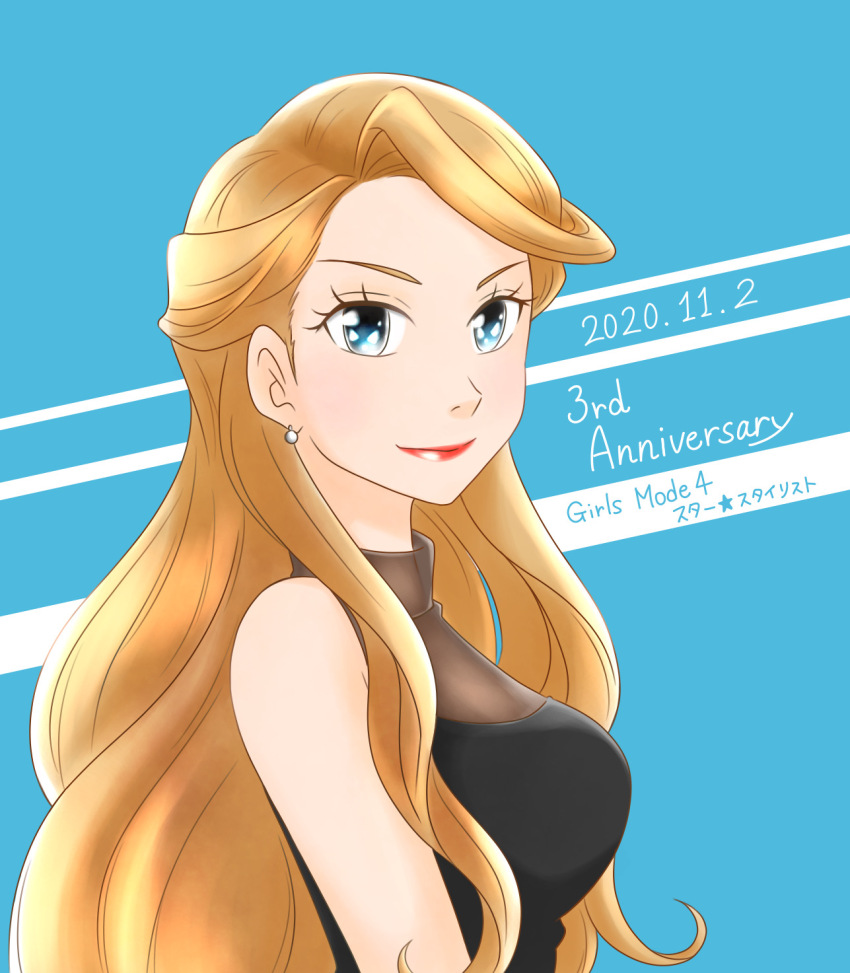 swan_black aogaeru_(pixiv46613656) black_dress blonde_hair blue_eyes dress earrings girls_mode_4:_star_stylist highres jewelry lipstick long_hair makeup red_lips smile girls_mode very_long_hair wavy_hair