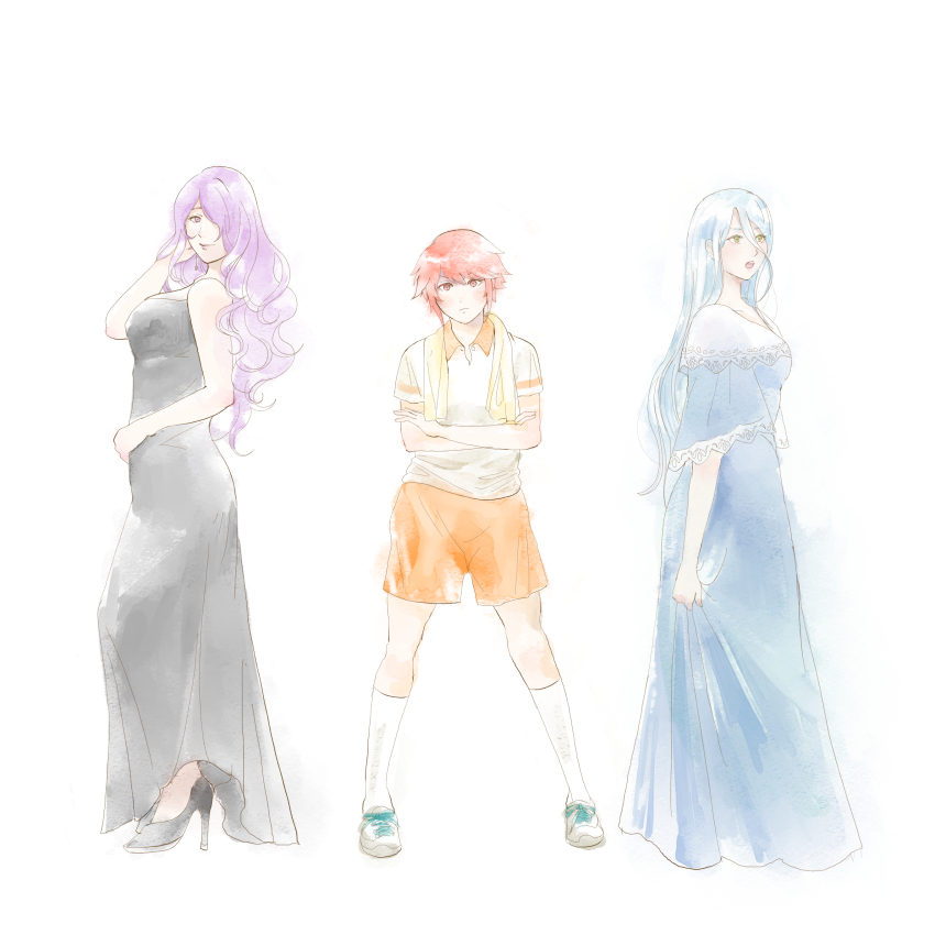 3girls absurdres alternate_costume azura_(fire_emblem) bavaa black_dress blue_dress blue_hair camilla_(fire_emblem) dress fire_emblem fire_emblem_fates highres hinoka_(fire_emblem) multiple_girls nintendo orange_shorts purple_hair red_eyes red_hair shorts