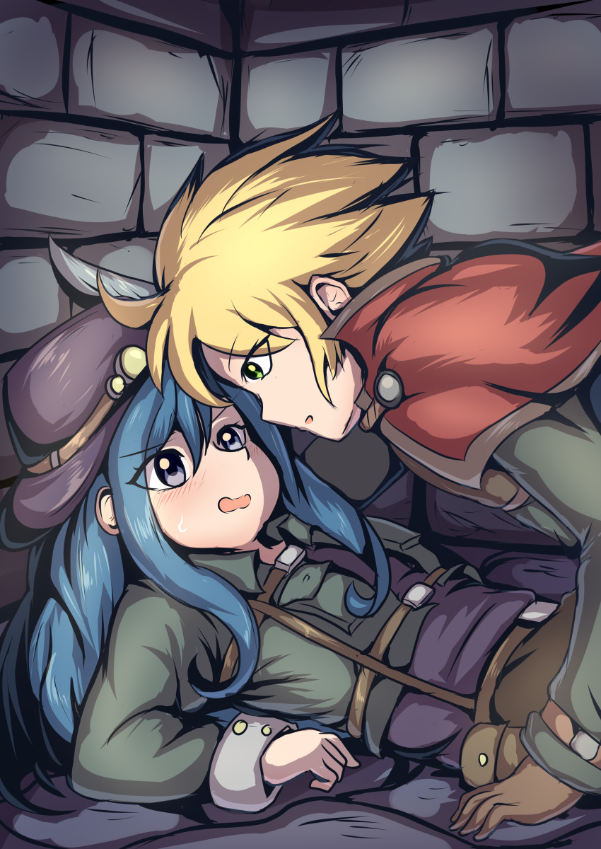 1boy 1girl absurdres blonde_hair blue_hair blush capelet coat commentary dungeon english_commentary gloves green_coat grey_eyes hat hat_feather highres indoors long_hair long_sleeves looking_at_another lying on_back on_floor original red_capelet theolized yellow_eyes yukadon