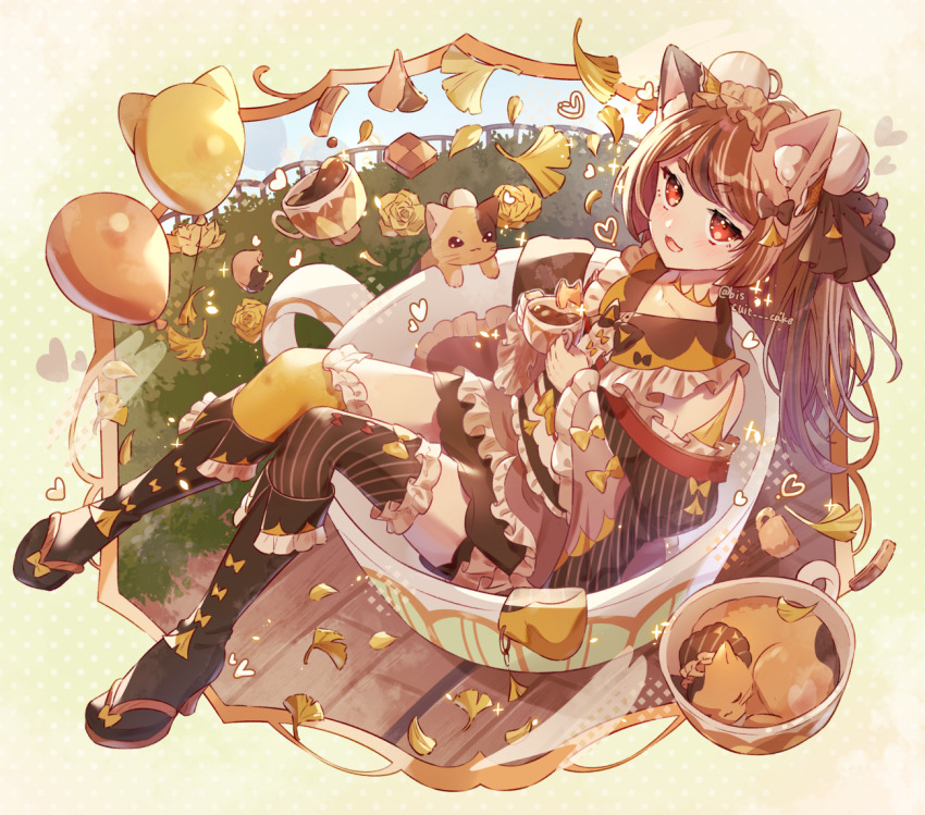 1girl :d animal_ear_fluff animal_ears asymmetrical_legwear black_boots blush boots brown_dress brown_hair brown_thighhighs cat cat_ears collarbone collared_dress commentary cookie cup cup_on_head dress flower fold-over_boots food frilled_boots frilled_dress frilled_shirt_collar frilled_sleeves frilled_thighhighs frills full_body heart high_heel_boots high_heels holding holding_cup in_container in_cup long_hair long_sleeves looking_at_viewer mismatched_legwear open_mouth original red_eyes rose sitting smile solo symbol-only_commentary thick_eyebrows thighhighs tsukumi_bis twitter_username wide_sleeves yellow_flower yellow_rose yellow_thighhighs