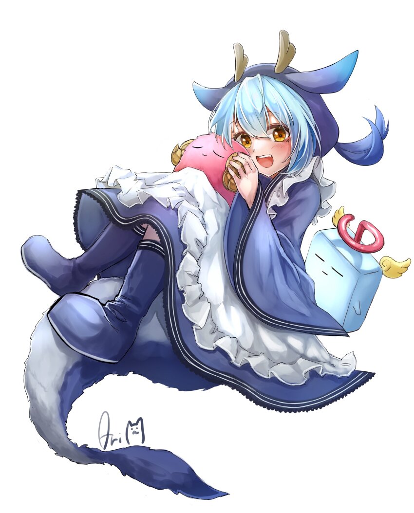 1girl :d absurdres apron ari_(xxrmsn_008) blue_dress blue_hair blush commentary dragon_girl dress duel_monster floating frilled_apron frills full_body highres horns laundry_dragonmaid mokey_mokey open_mouth orange_eyes scapegoat signature smile solo tail white_apron wide_sleeves yu-gi-oh! yu-gi-oh!_master_duel